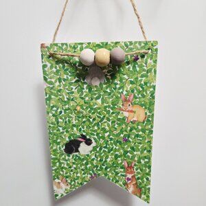 Handcrafted Decoupage Floral Easter Bunny Wooden Hang Tag Tiered Tray Home Decor